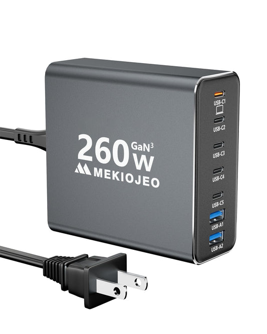 Aluminum Alloy 260W USB C Charger GaN Fast USB C Charging Station 7 Ports 65W Laptop Charger for MacBook Pro/Air/iPad Pro/iPhone (Grey)