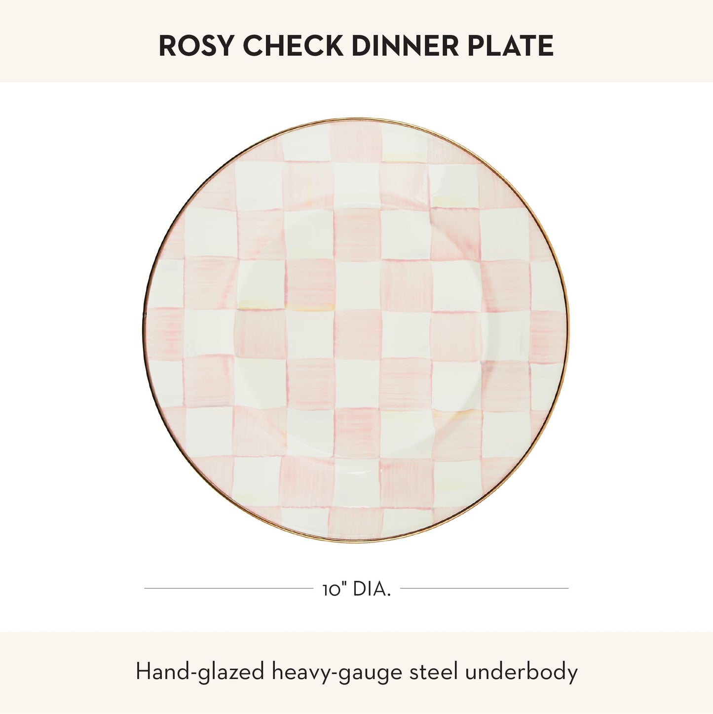 MACKENZIE-CHILDS Enamel Dinner Plate, Decorative Dinnerware Plate, 10 Inches, Set of 1, Pink-and-White Rosy Check