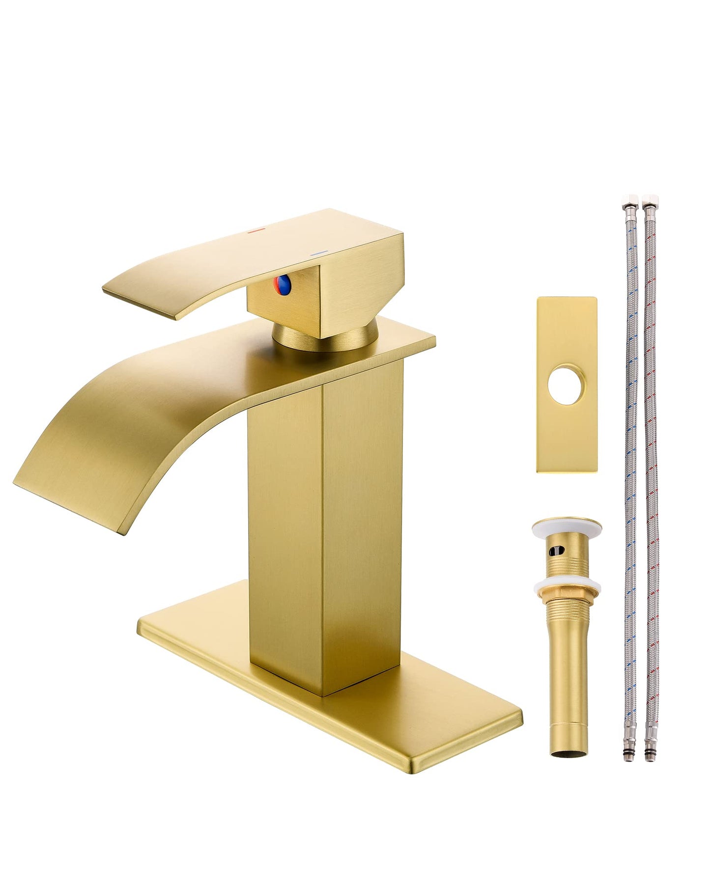 YardMonet Gold Bathroom Faucet, Modern Single Hole Waterfall Spout Sink Faucet, Brushed Gold With Drain Assembly and Hose