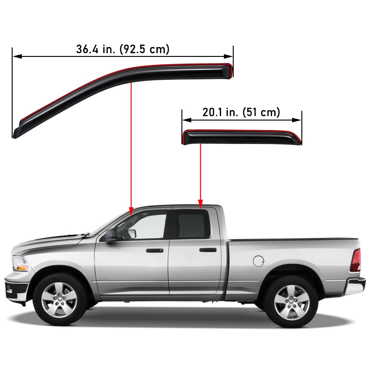 Lightronic 194101 Extra Durable Clip-on In-Channel Auto Vent Window Visors, Fits 2009-2010 Dodge Ram 1500, 2011-2018 Ram 1500, 2019-2024 Ram 1500 Classic, Quad Cab, UV-Protect Rain Guard, Smoke, 4-Pcs