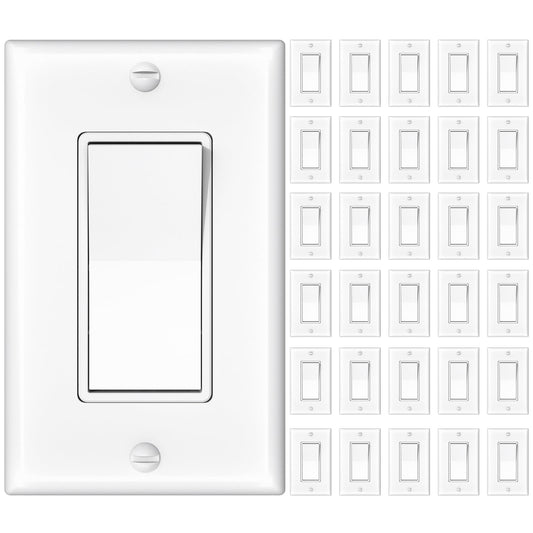 Amico 30 Pack Single Pole Light Switch with Wall Plate, UL Listed, 15A 120/277V, On/Off Rocker Paddle Interrupter Wall Switch, Grounding Screw, Residential Grade, Suitable for Home and Business, White