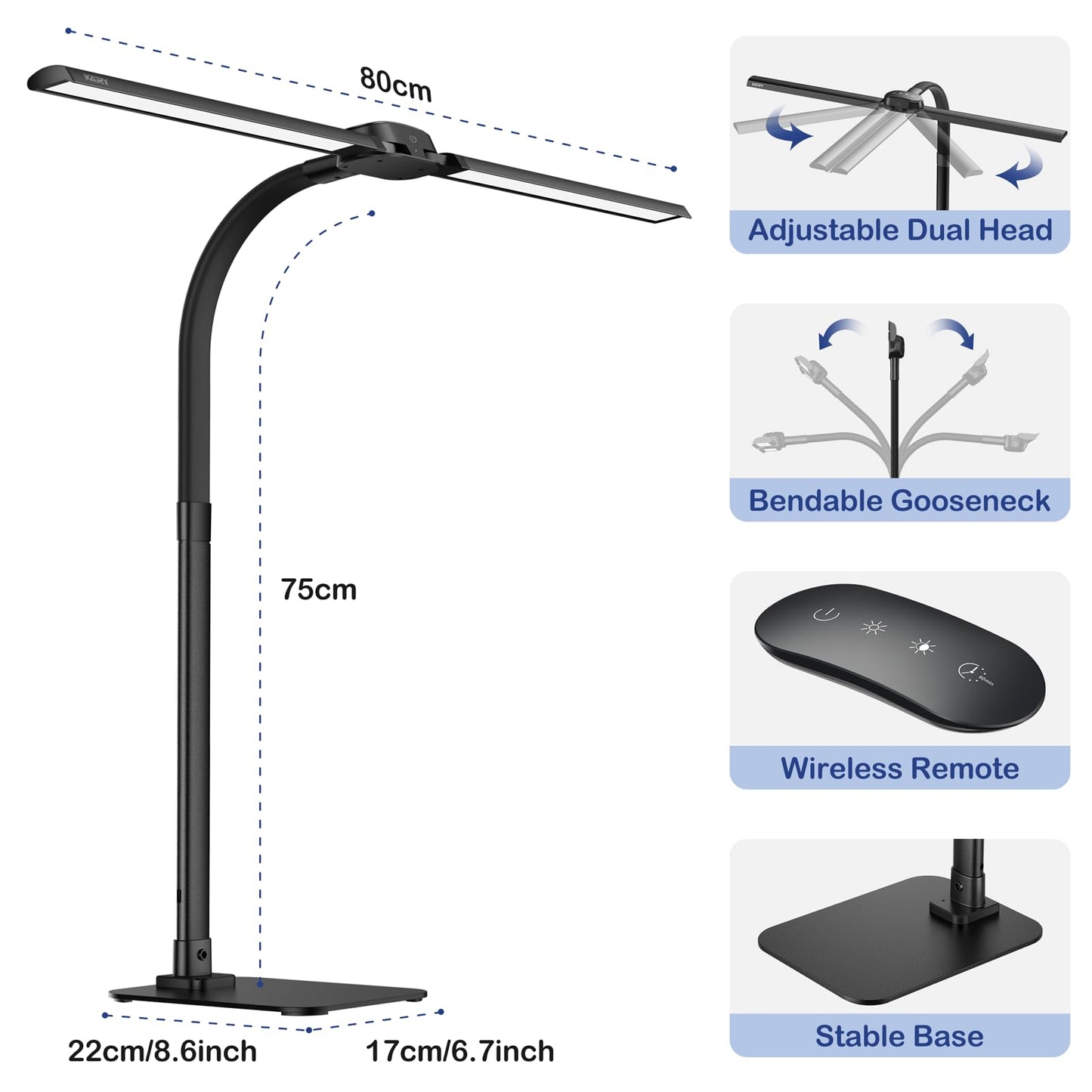 Desk Lamp with USB Charging Port for Home Office 24w Architect Remote Base Dual Task Led Light Modern 5 Color Modes Dimmable Adjustable Gooseneck Double Head Reading Drafting Eye Caring Tall Lamps