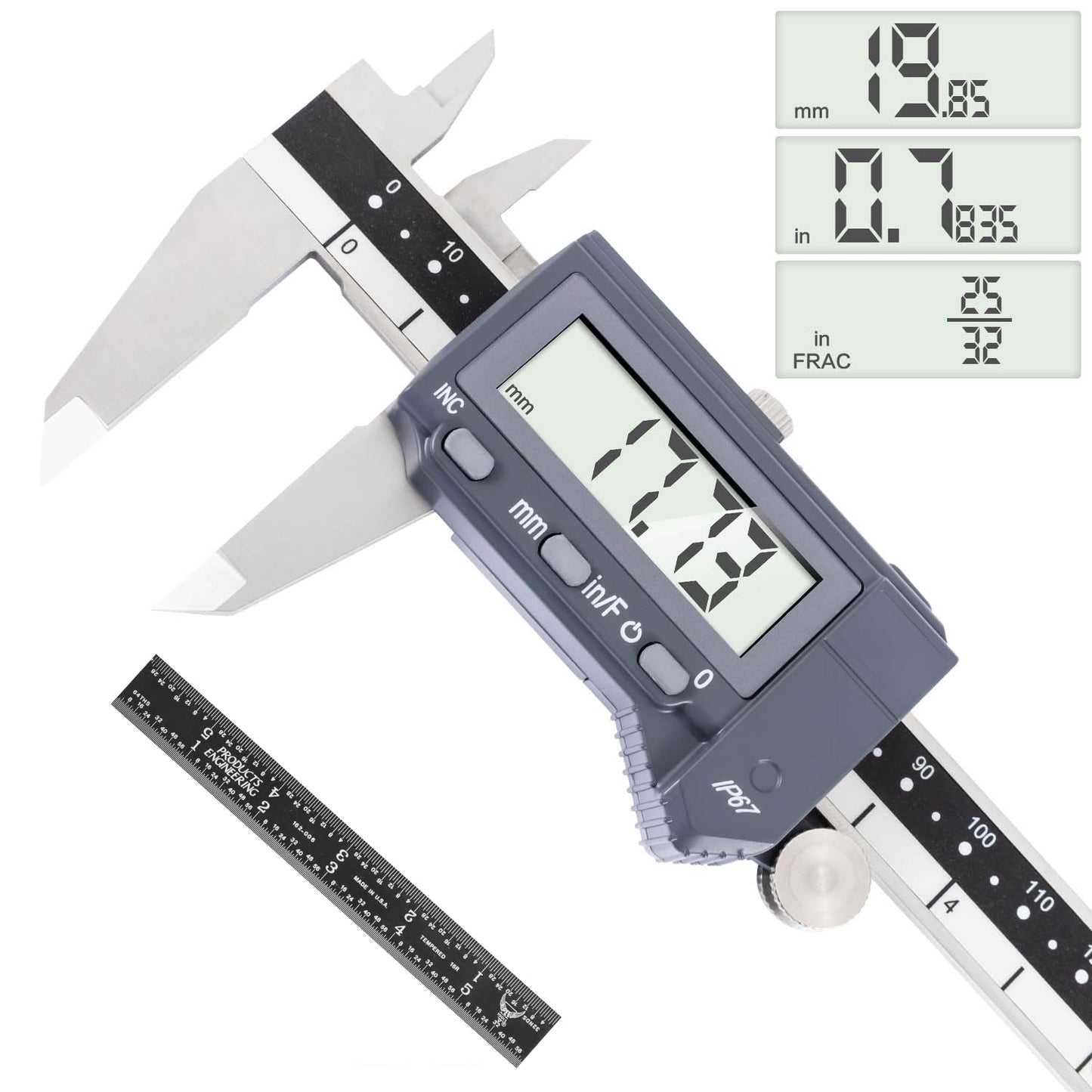 PEC Tools 6 Inch/150mm High Precision Absolute Digital Caliper & Made in US 6 Inch 16R Rule (32nds,64ths,50ths,100ths), IP67 Waterproof & Oil-Resistant, Inch/MM/Fraction Modes