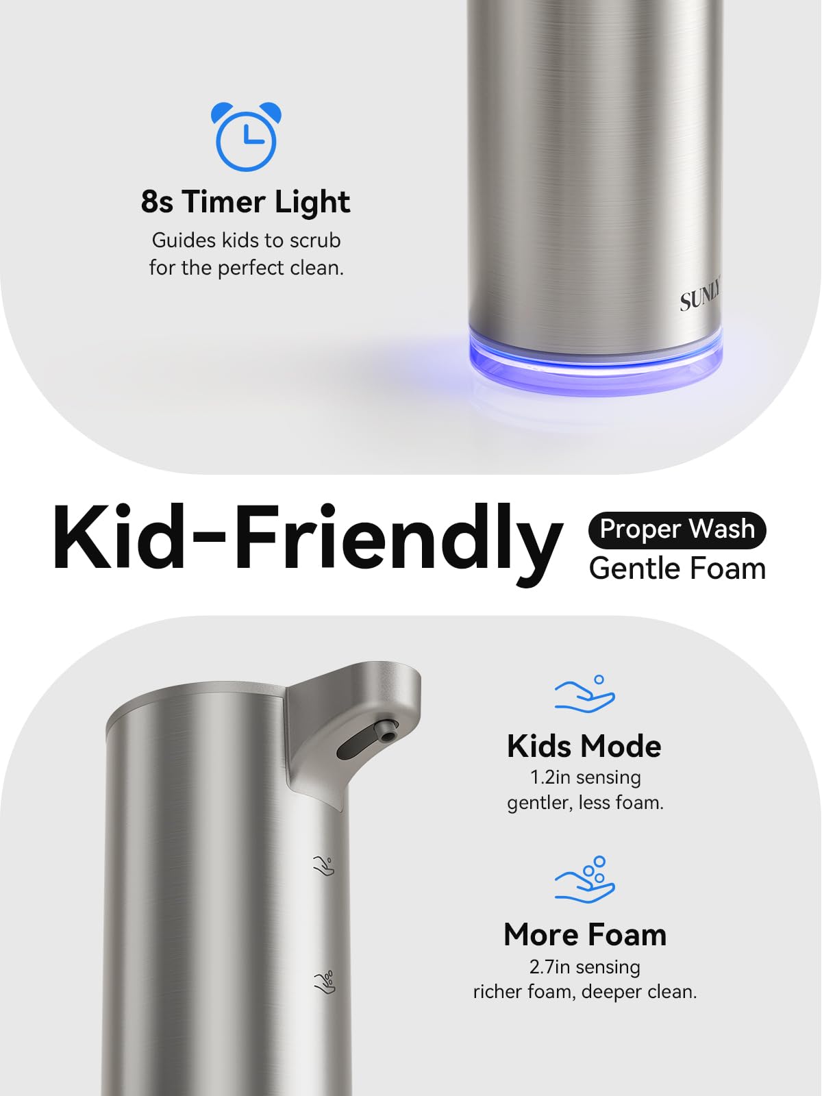 SUNLY Automatic Foaming Soap Dispenser Touchless, 0.2s Fast Sensor, USB-C Rechargeable, Smudge-Resistant Stainless Steel, Hand Soap Dispenser for Bathroom, Kitchen, Hotel, Silver