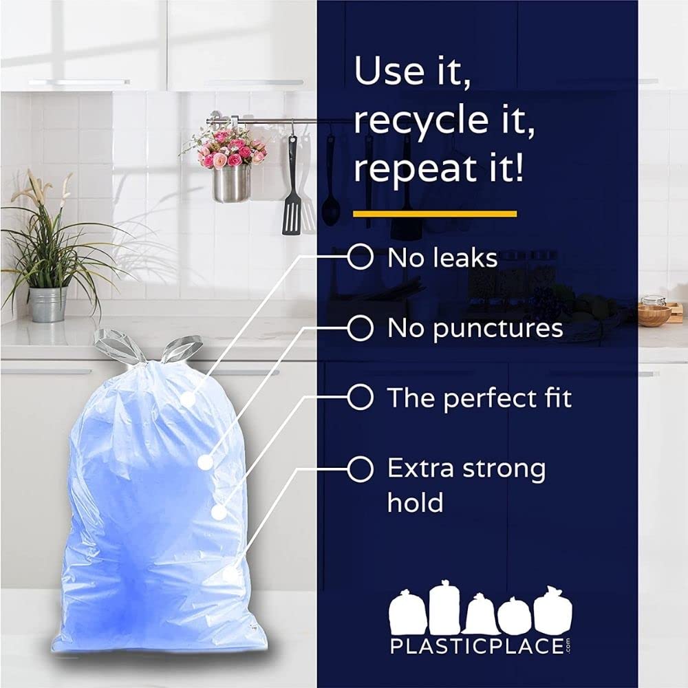 Plasticplace Custom Fit Trash Bags, Compatible with simplehuman Code K (100 Count) Tinted Blue Drawstring Garbage Liners 10 Gallon / 38 Liters, 24" x 28"
