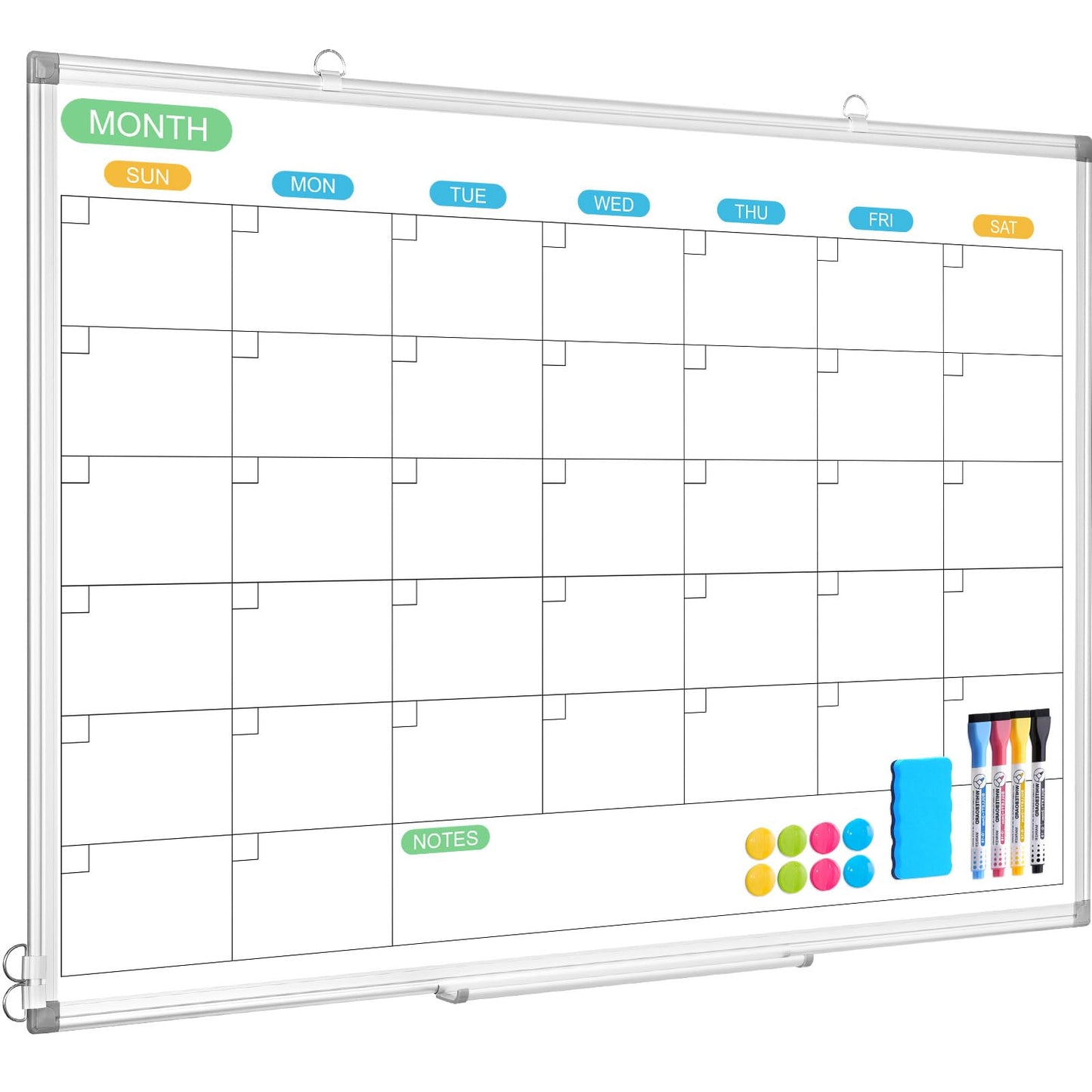 WALGLASS Dry Erase Calendar Whiteboard for Wall, 36" x 24" Double-Sided Monthly Calendar White Board with Silver Aluminum Frame, Hanging or Wall Mount Large Whiteboard for Home, Office, School