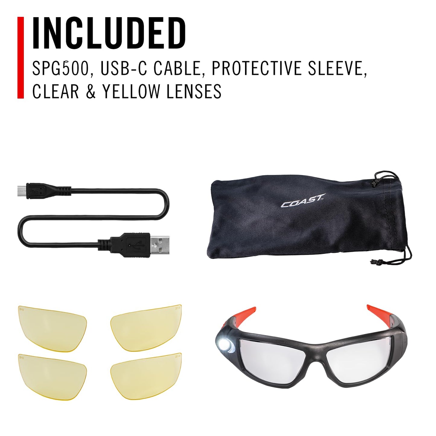 CoastSPG500 Rechargeable Lighted LED SafetyGlasses,Bulls-Eye Spot Beam,ANSI Z87Standards, 2Scratch Resistant Lenses (Clear,Yellow) Included, UVProtection, Protective Carrying Case Included (Black/Red)