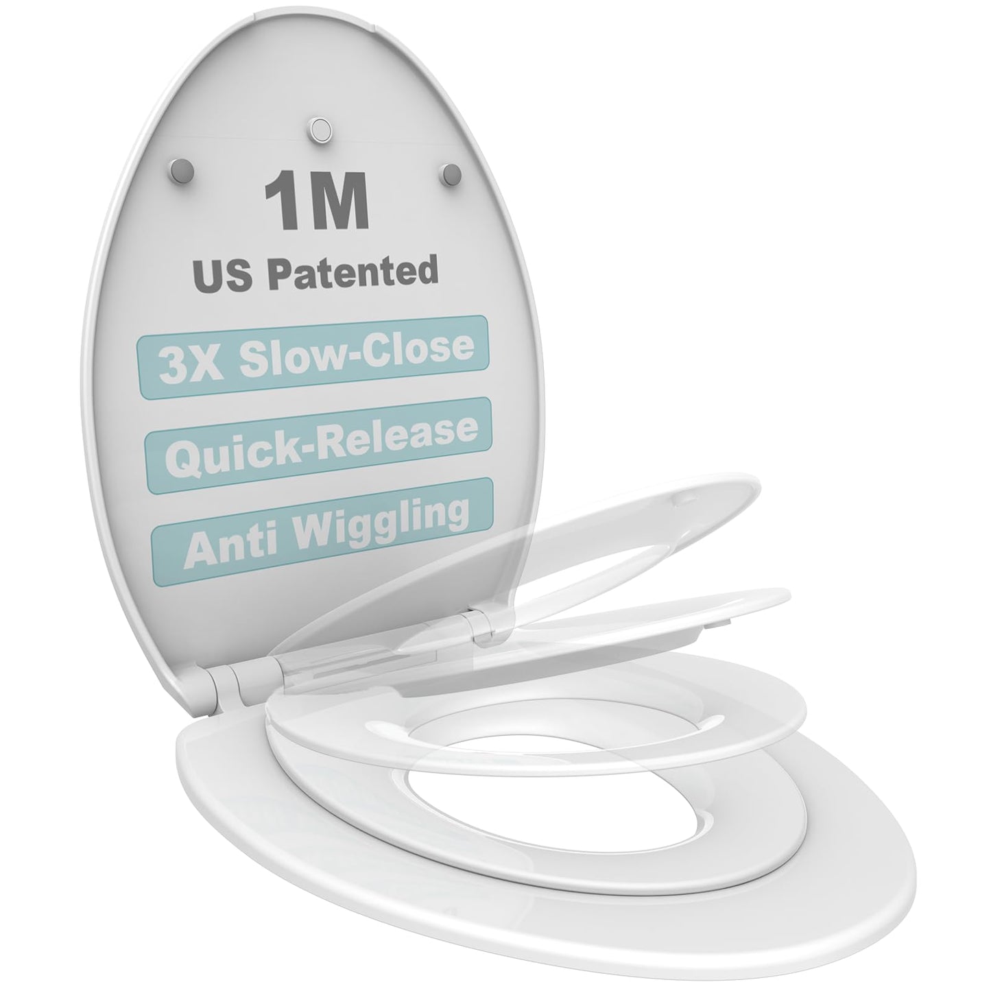 1M Family Toilet Seat, Patented Slow Close & Quick Releasing Technology, Anti-Wiggling, Easy to Install and Clean, Standard Elongated with Toddler Seat Built In (2 Pieces)