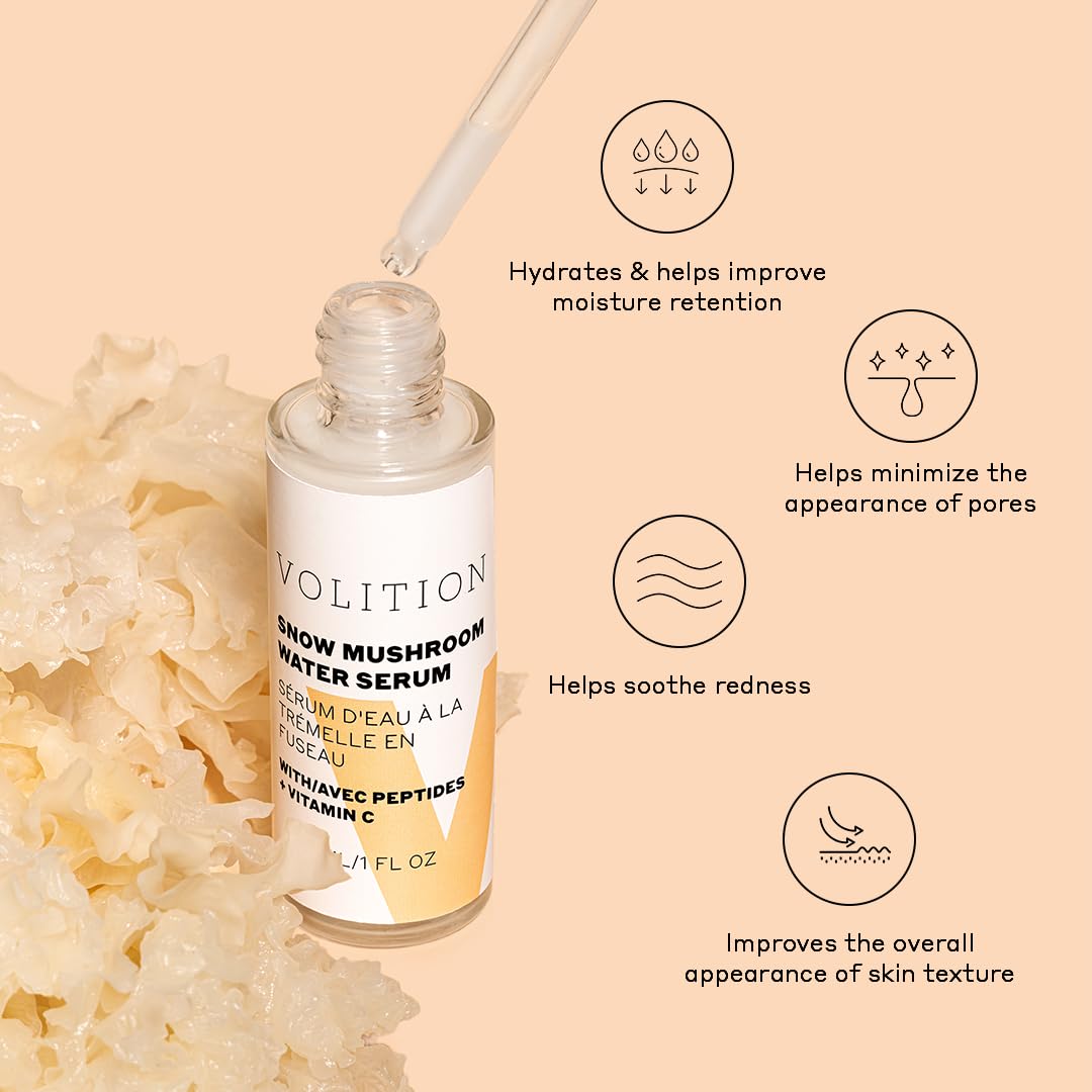 Volition Beauty Snow Mushroom Water Facial Serum - Hydrating Face Serum Improves Moisture Retention While Minimizing Look of Pores & Fine Lines (30ml / 1 fl oz)