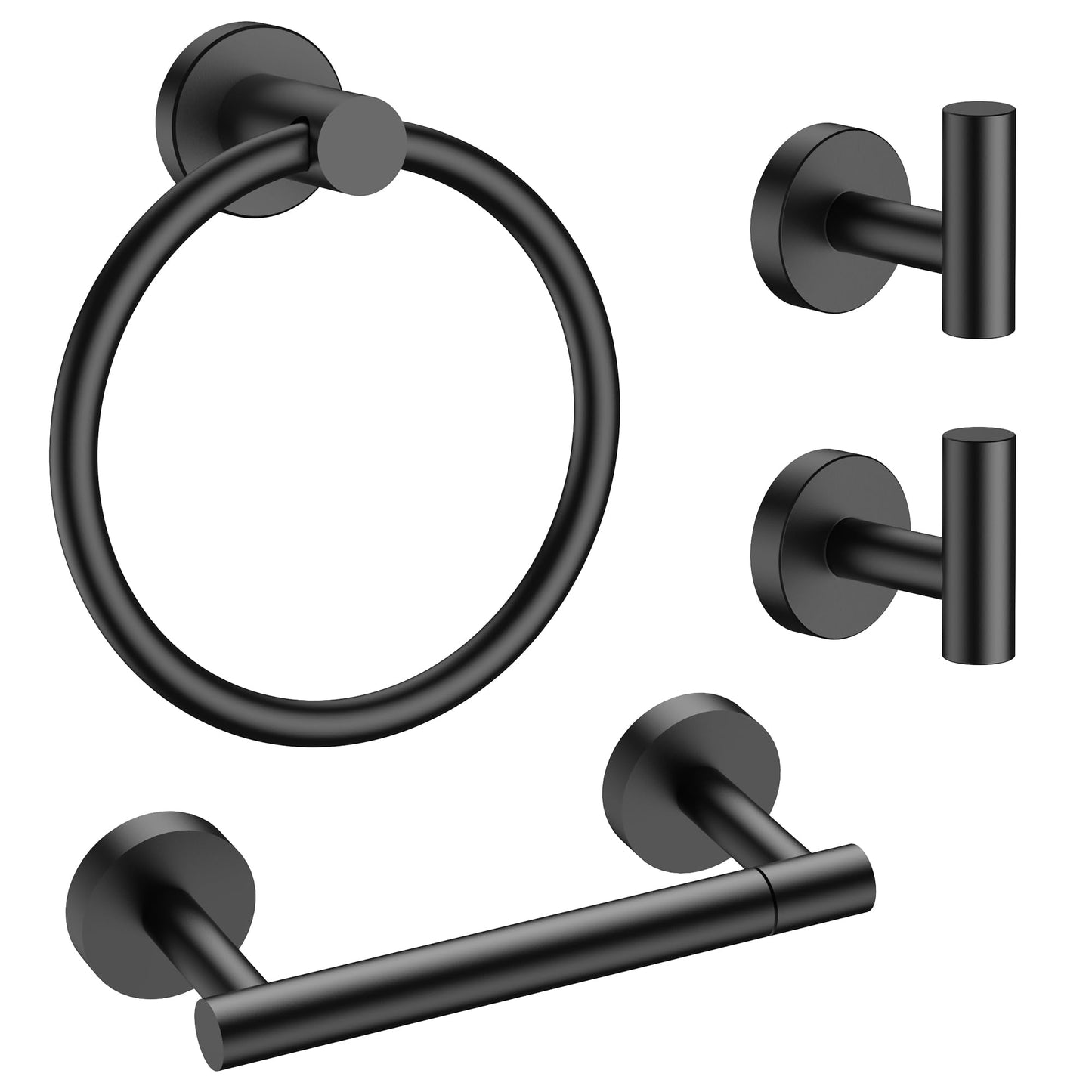 FORIOUS 4 Piece Bathroom Accessories, SUS304 Stainless Steel Toilet Paper Holder, Towel Ring and 2 Towel Hooks, Wall Mounted Bathroom Hardware Set (Matte Black,Double Post Pivoting)