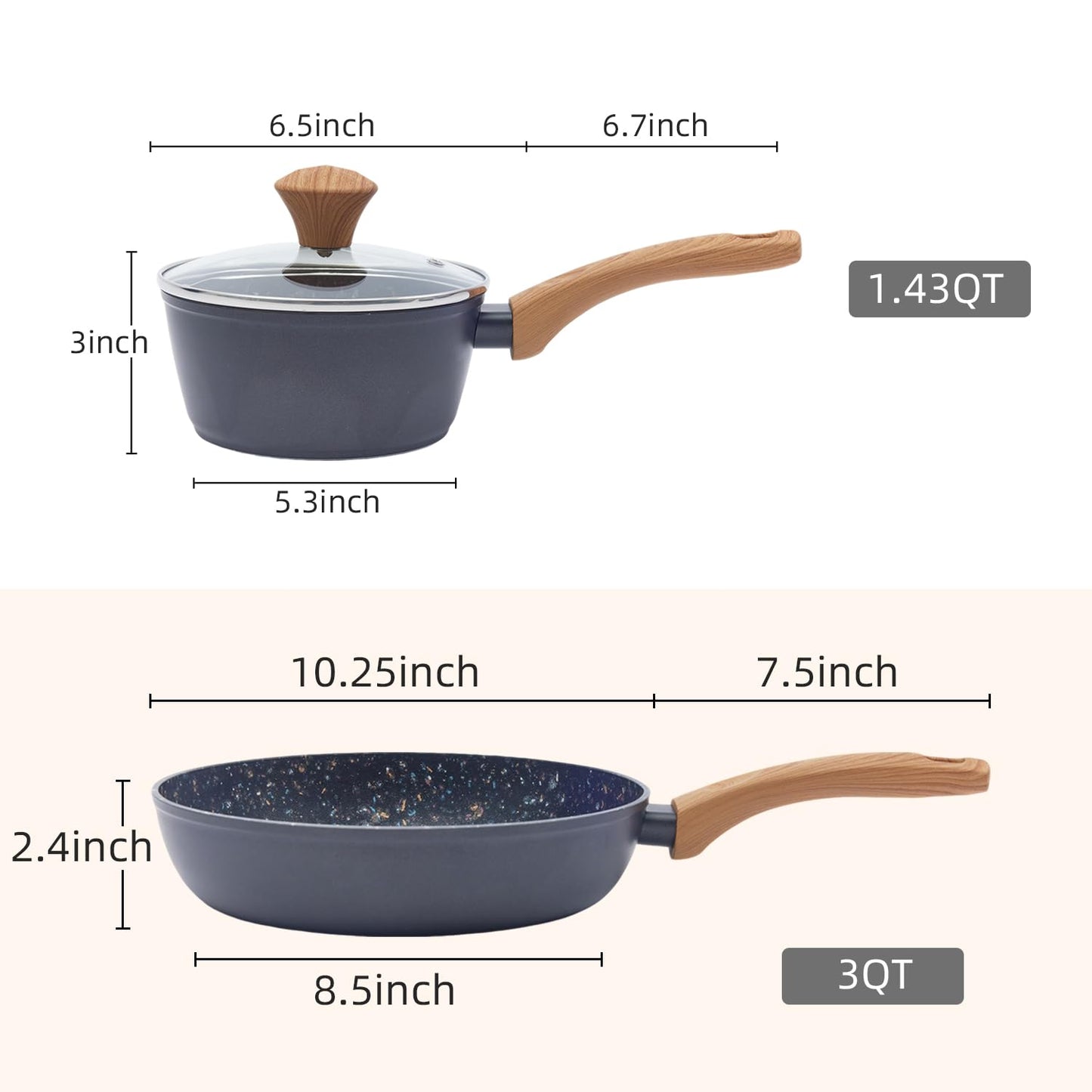 Jovire 2-Piece Nonstick Cookware Set, 8.5 Inch Frying Pan & 1.43QT Saucepan with Lid, PFAS PFOA Free Non-Toxic Coating, Heavy Bottom Even Heat, Induction Compatible, Dishwasher Safe – Black