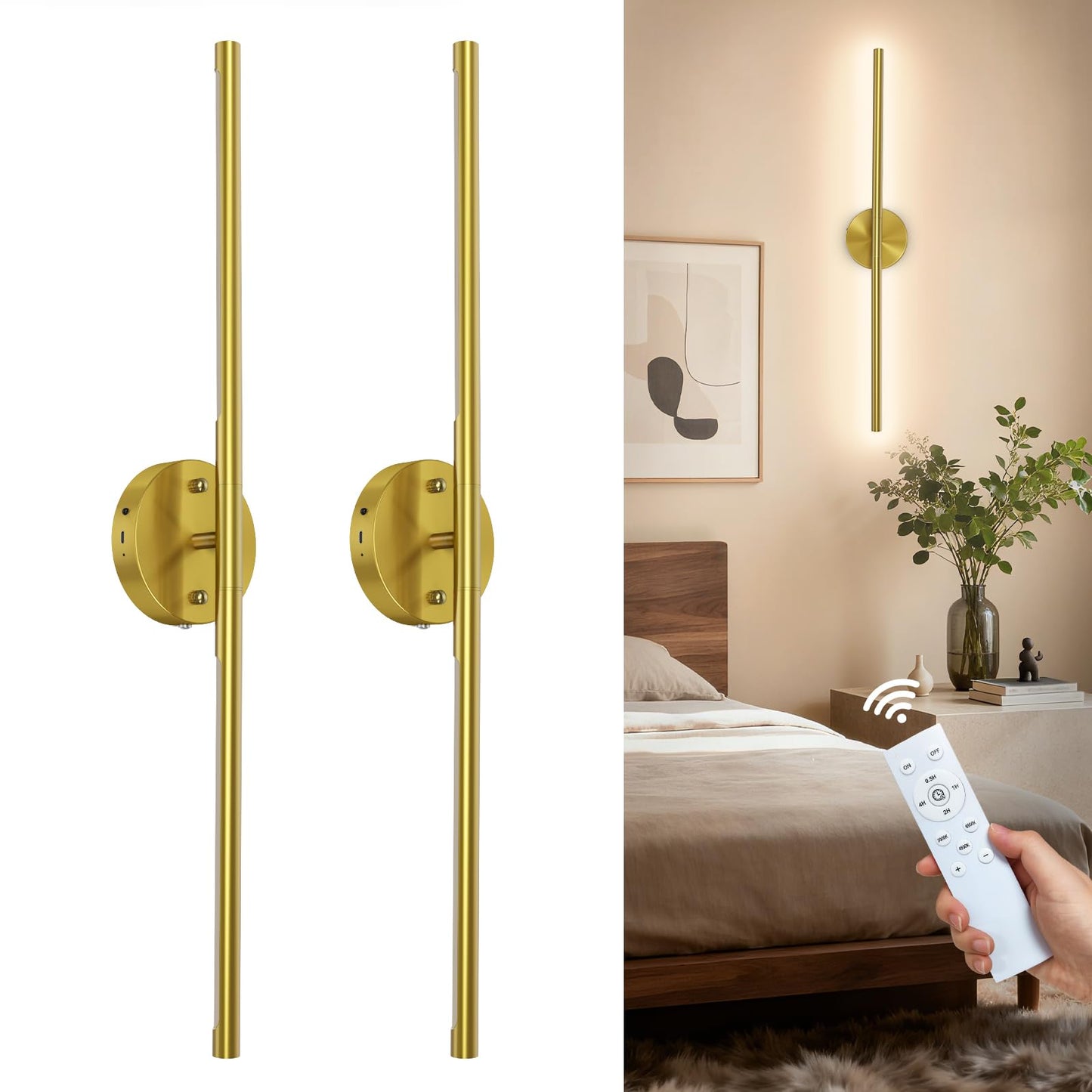 TONYFUL Battery Operated Wall Sconce Set of 2, Rechargeable Wall Lamp with 6000mAh Dimmable Bulbs and Remote, 3000K-6500K LED Wireless Wall Lights for Bedroom, Living Room, Hallway Decor, Background