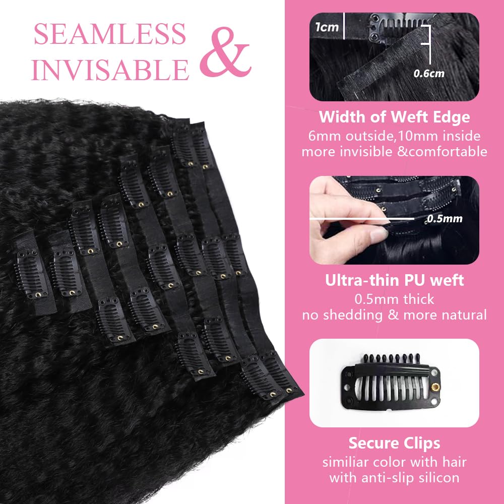 Seamless Clip In Hair Extensions Human Hair Invisible Pu Skin Weft Kinky Straight Seamless Clip Ins For Black Women Real Human Hair Extensions 8pcs With 18clips Per Set 120g (16inch,Natural Black)
