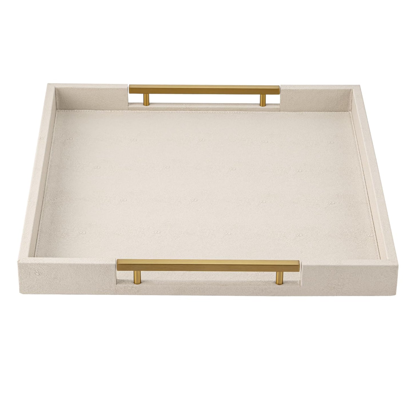 Beige Faux Leather Serving Tray with Handles – Large Decorative Tray for Coffee Table, Ottoman, Living Room, Bathroom – Home Decor