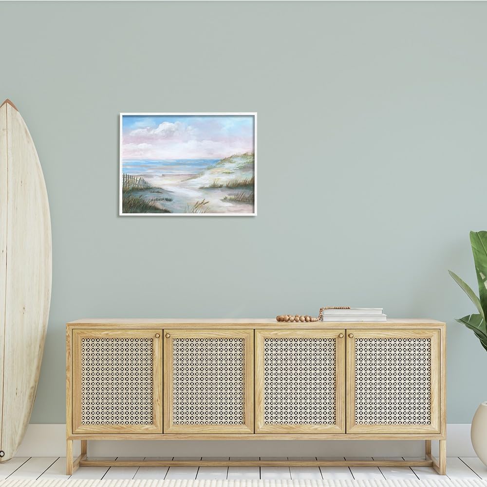 Stupell Industries Rolling Sand Dunes Soft Pink Beach Sky, Designed by Nan White Framed Wall Art, 30 x 24, Blue