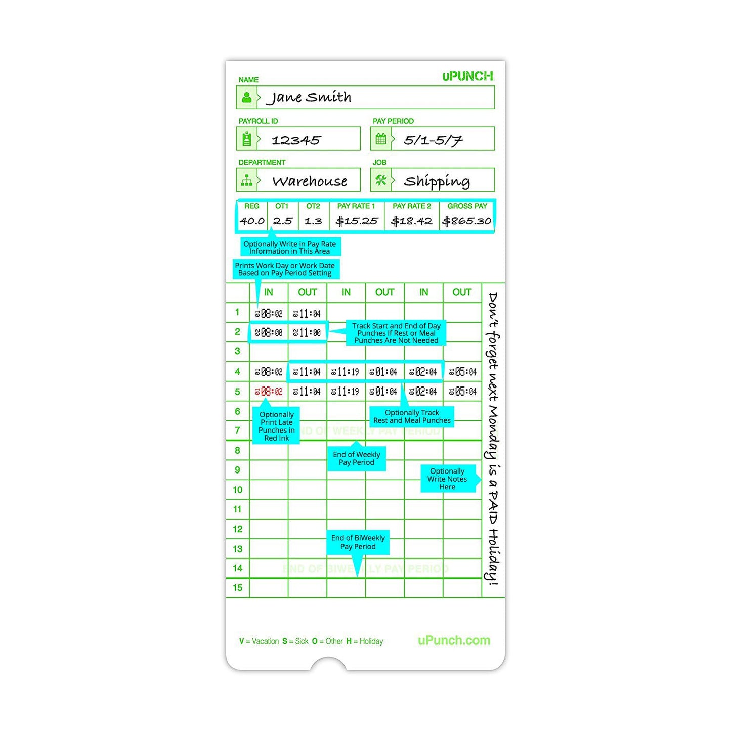uPunch 300 Time Cards for Green HN3000 AutoAlign Time Clocks (HNTCG1300)