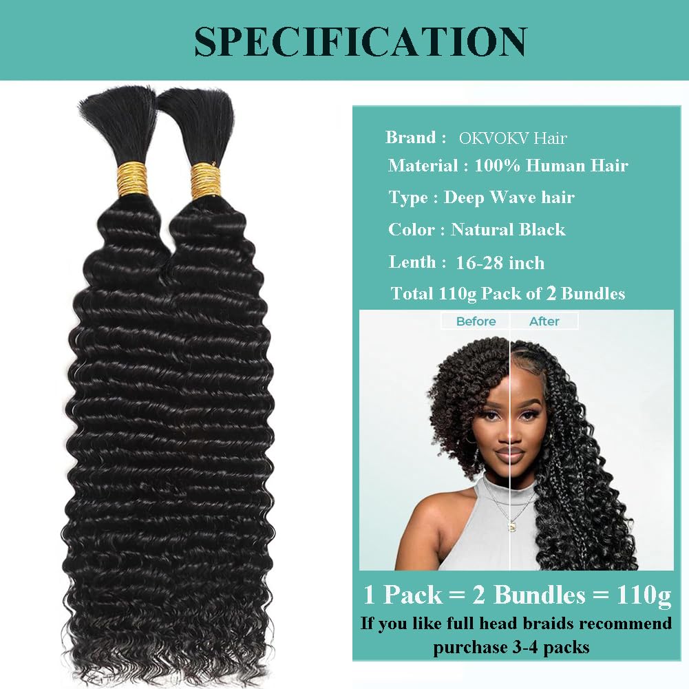 Human Braiding Hair for Boho Braids Deep Water Wave Bulk Human Hair 110g 16 Inch Curly Hair for Boho Braids Extensions No Weft 12A Wet and Wavy Human Hair Braiding Hair 2 Bundles/Pack Natural Color