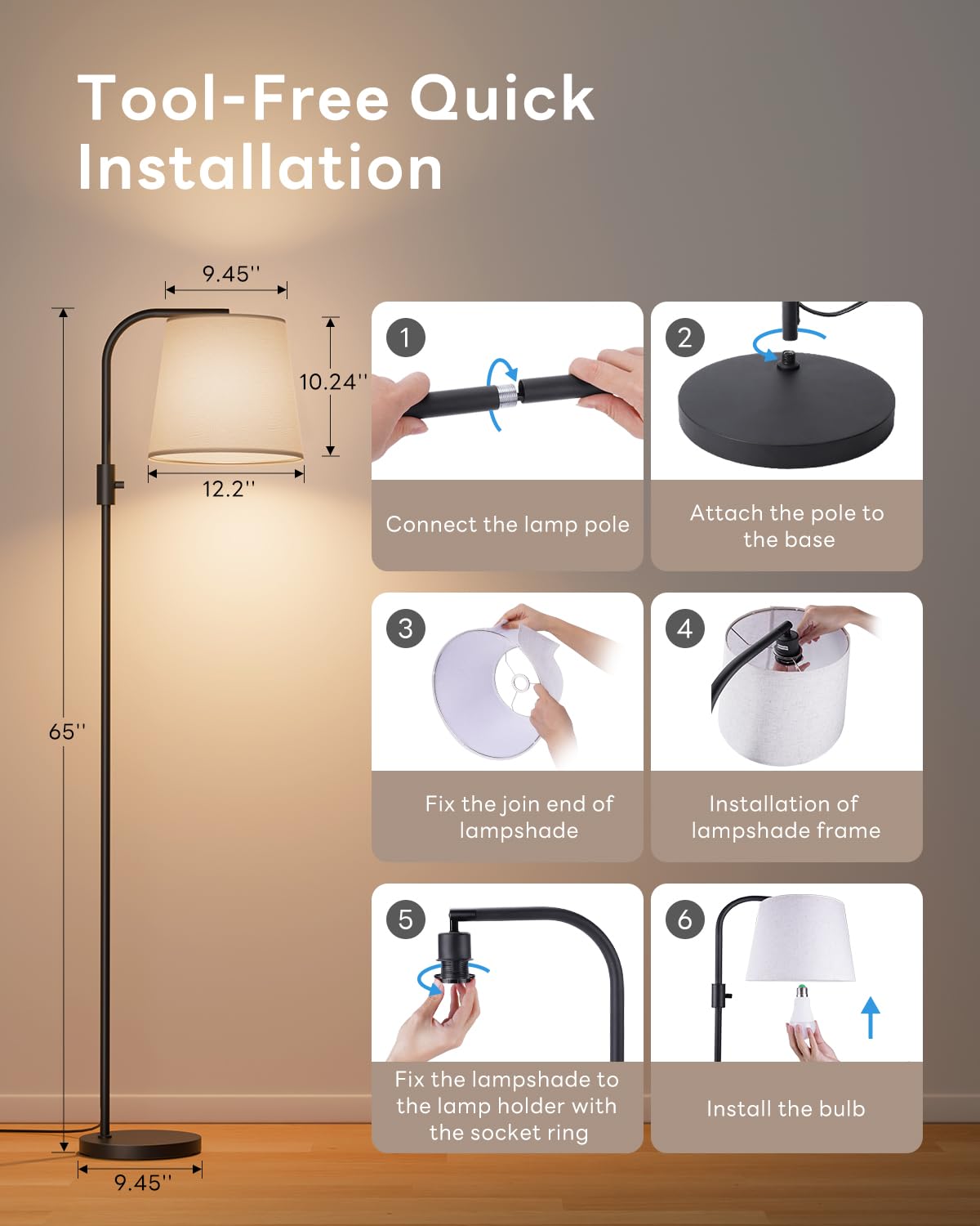 VARICART LED Arc Floor Lamp, 65" Tall Lamp with Magnetic Remote, RGB + 1600K Amber & 4000K Daylight, 10W 1200lm 0.1%-100% Dimmable, 350° Swivel Linen Shade, Smart Plug Compatible, Black