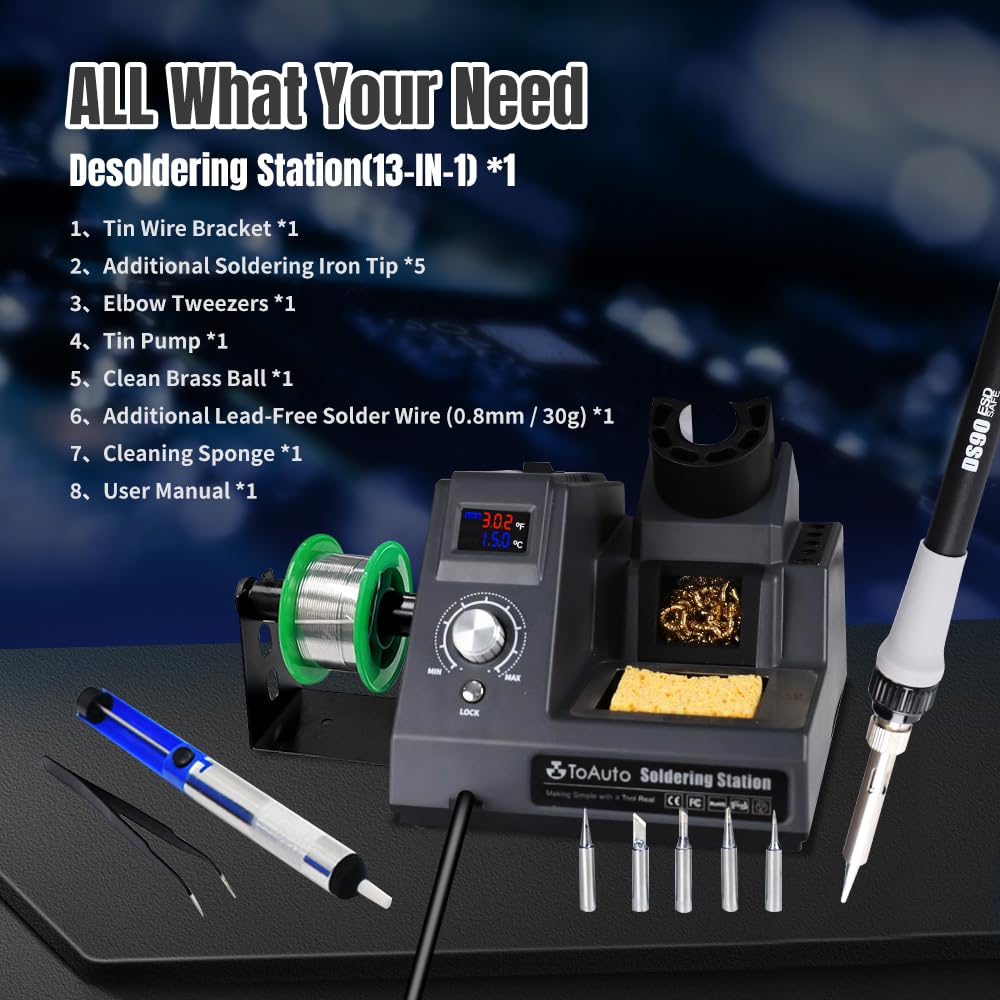 TOAUTO DS90 Soldering Station-°F & °C Dual Digital Display Soldering Iron Station Kit,90W Soldering Iron,302℉- 842℉ Temperature, Anti-Static Design & Grounding Wire, Auto Standby & Sleep,5 Solder Tips