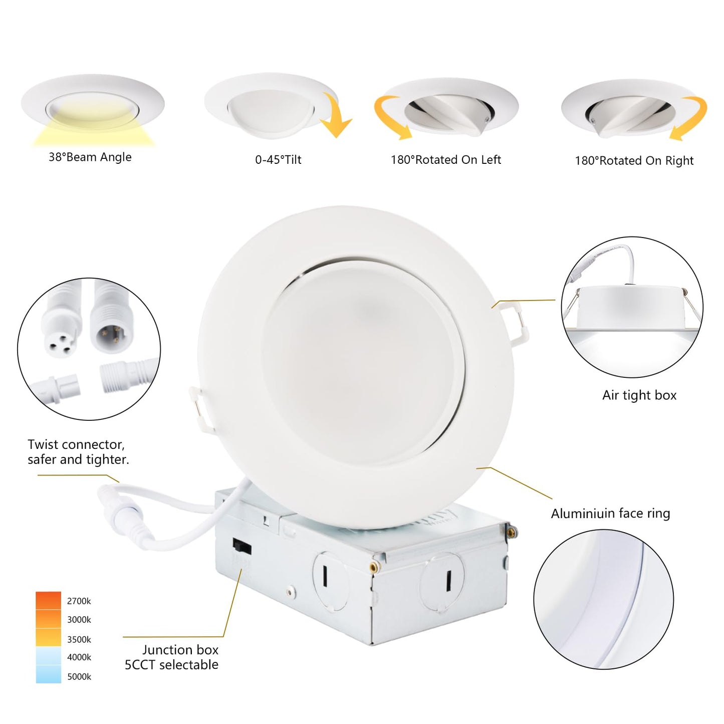 KnLnny Ware 4 Inch Recessed Lighting 6 Pack,Ajustable Led Eyeball Gimbal Light,Led Recessed Lighting 4 Inch Ceiling Light with Junction Box,5CCT Selectable,Airtight,9W 750LM,Dimmable,ETL Listed