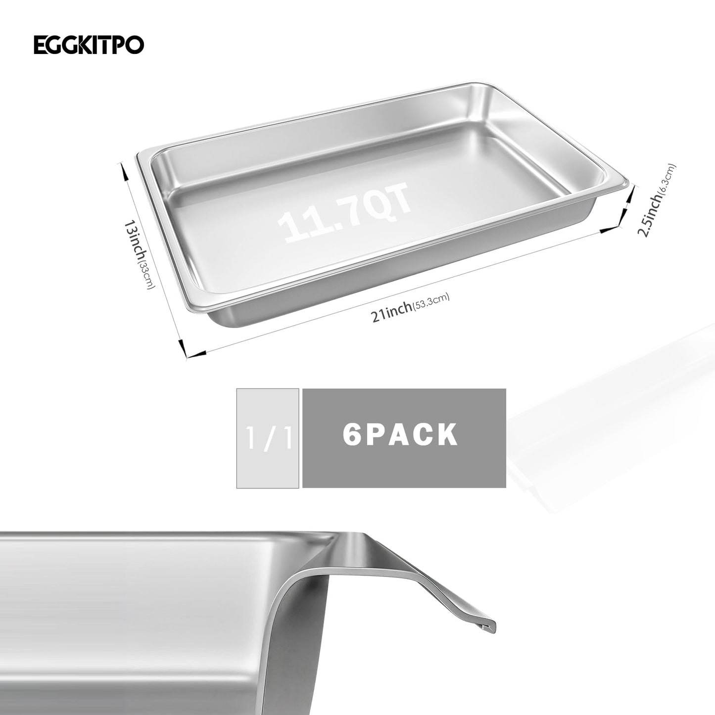 EGGKITPO Full Size Steam Table Pans 6-Pack 2.5 Inch Restaurant Stainless Steel Pan Commercial Catering Food Pan for Commercial Kitchen Supplies