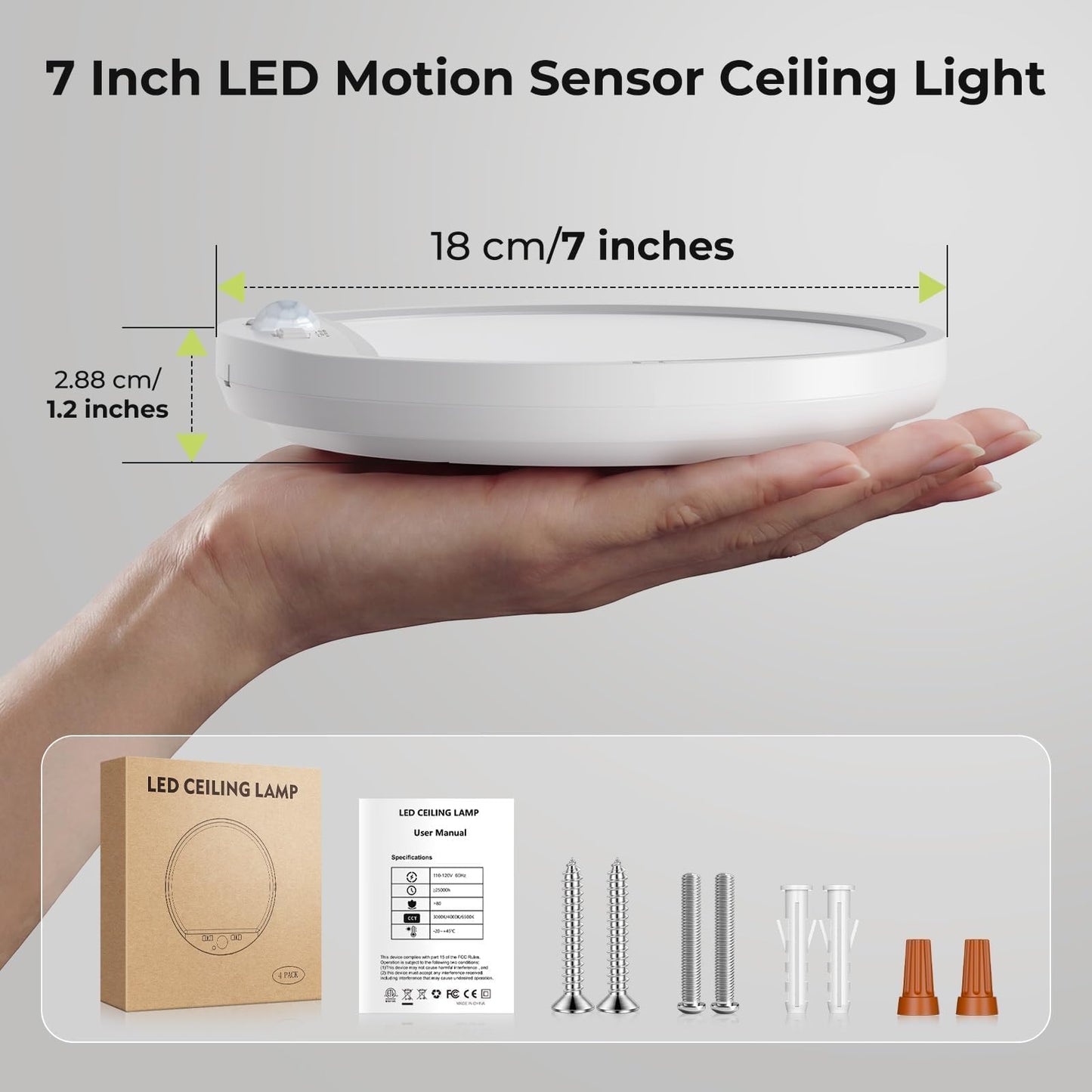 hepside 4 Pack Motion Sensor Ceiling Light Wired, 3000K/4000K/6500K LED Flush Mount Ceiling Light Fixture, 7Inch 15W Motion Sensor Light Indoor with Timer for Closet Stair Porch Hallway Pantry,White