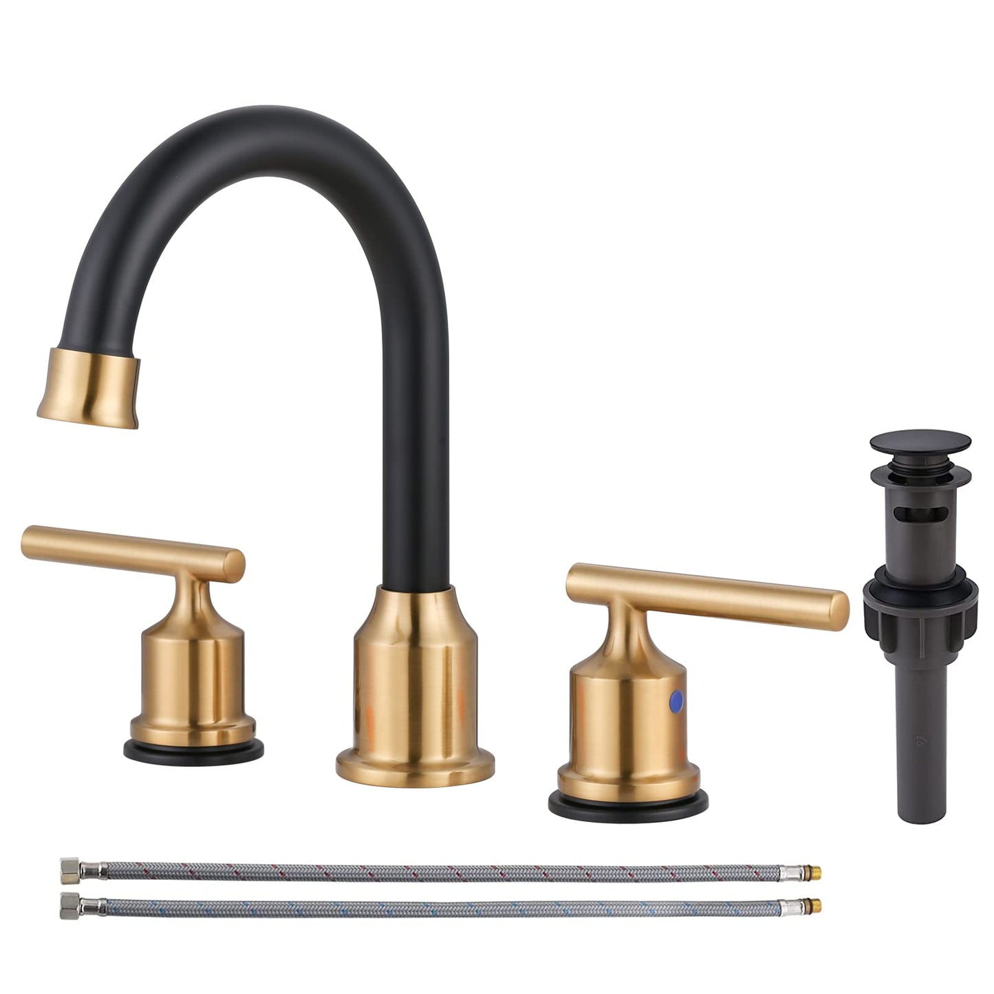 WOWOW 3 Hole Widespread Bathroom Sink Faucet With Pop Up Drain Stopper - 2 Handle Black and Gold Mixer Tap - Vanity Basin Faucet With Supply Hoses