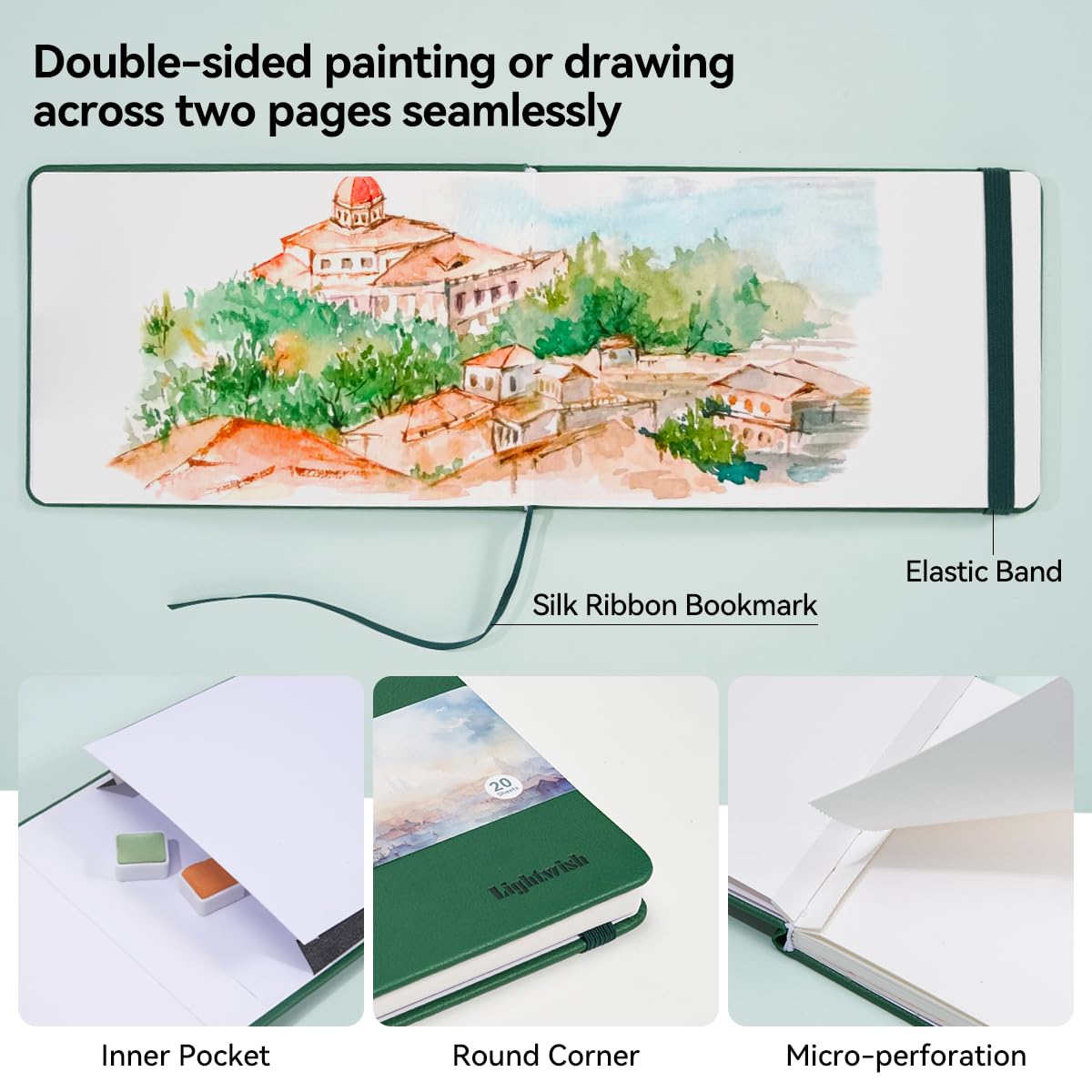 Lightwish Watercolor Journal, 2 Pack 40 Sheets 100% Cotton Hot Press Watercolor Paper Sketchbook 7.6” x 5.3”,140lb/300gsm, Acid-Free for Watercolors, Gouache, Acrylics