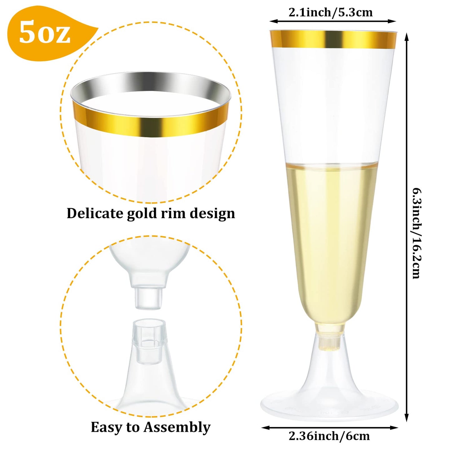 150 Pcs Gold Plastic Champagne Flutes - Clear Disposable Crystal Wine Glasses for Wedding Toasting, Party Cocktail Cups