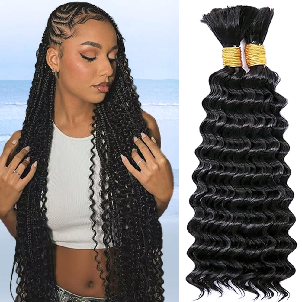 Human Braiding Hair Boho Braids Human Hair 110g 20 Inch Deep Water Wave Bulk Human Hair for Braiding No Weft Bundle 12A Brazilian Virgin Curly Hair Extensions Wet and Wavy Human Hair Braiding Hair