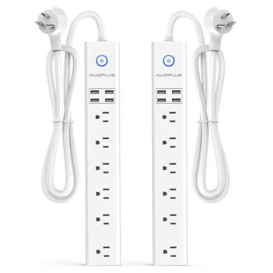 2 Pack Power Strip Surge Protector Flat Plug - 6 Widely Spaced Outlets 4 USB Charging Ports, 2100J/10A with 6Ft Long Extension Cord, Overload Surge Protection, Wall Mount for Home Office