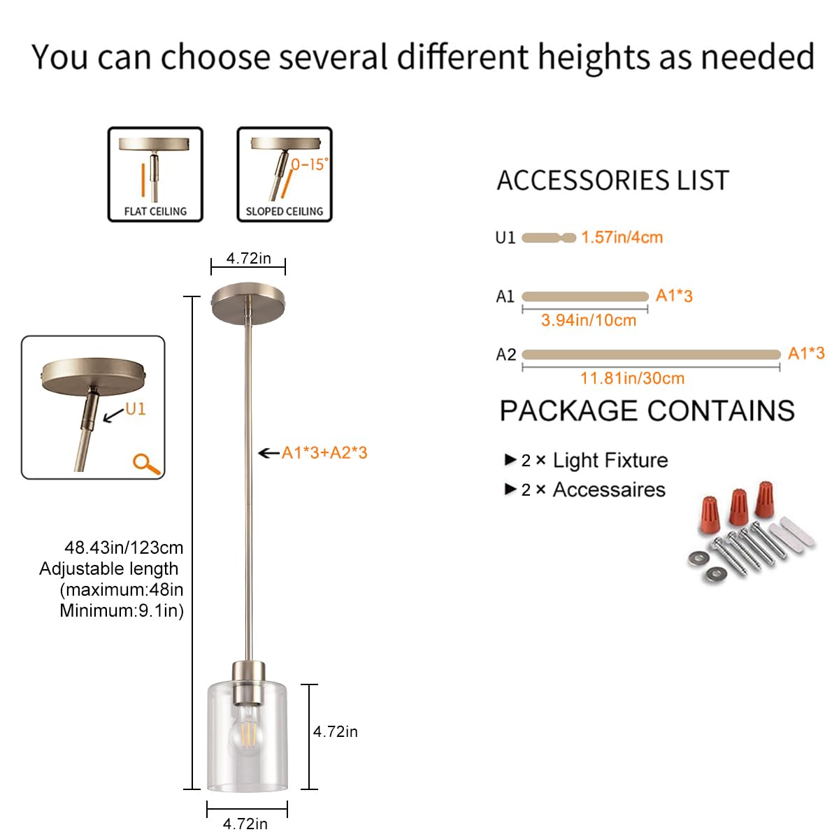 Brushed Nickel Pendant Lights,Modern Farmhouse Pendant Light,Light Fixture Kitchen Pendant Mini Hanging Light for Sink Island,Adjustable Height,Home Décor Lighting (Brushed Nickel 2 pack Stem Rod)