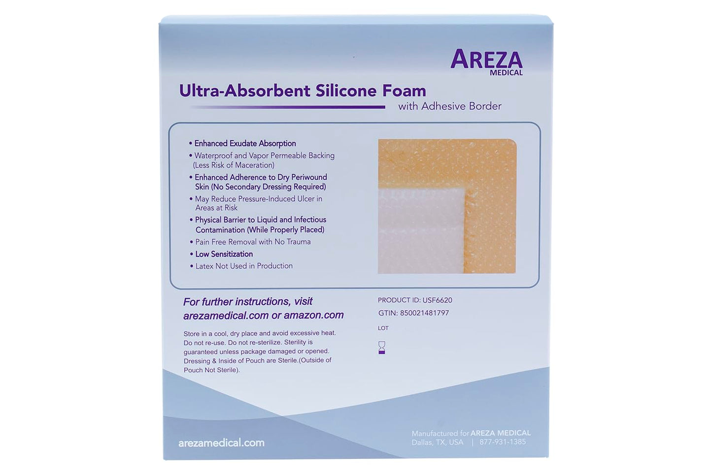 Areza Medical - Silicone Foam with Super-Absorbent Layer - Wound Dressing - Waterproof - with Silicone Adhesive Border - Sterile - 6" x 6" - 20 PCS per Box - FSA/HSA Approved
