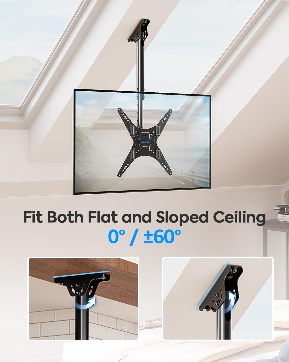 MOUNTUP Ceiling TV Mount for Most 24''- 65'' TVs, Hanging TV Ceiling Mount for 32 43 50 55 60 65 inch Screen, Full Motion Height Adjustable Bracket, Holds up to 99lbs, Max VESA 400x400mm, MU0039