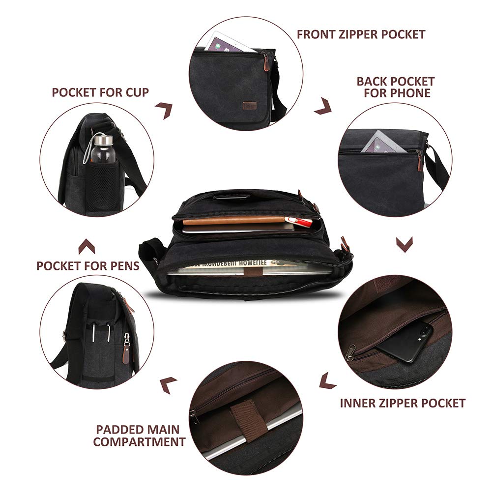 Modoker Messenger Bag for Men Women, 13 Inches Laptop Satchel Bags, Canvas Shoulder Bag with Bottle Pocket, Black