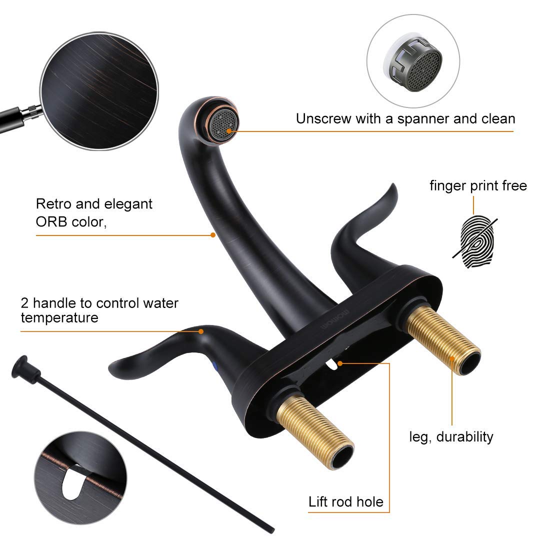 WOWOW Bathroom Faucet 4 inch Centerset Oiled Rubbed Bronze Bathroom Sink Faucet Lift Rod Drain Assembly Stainless Steel Faucets for Bathroom Faucet Retro Lavatory
