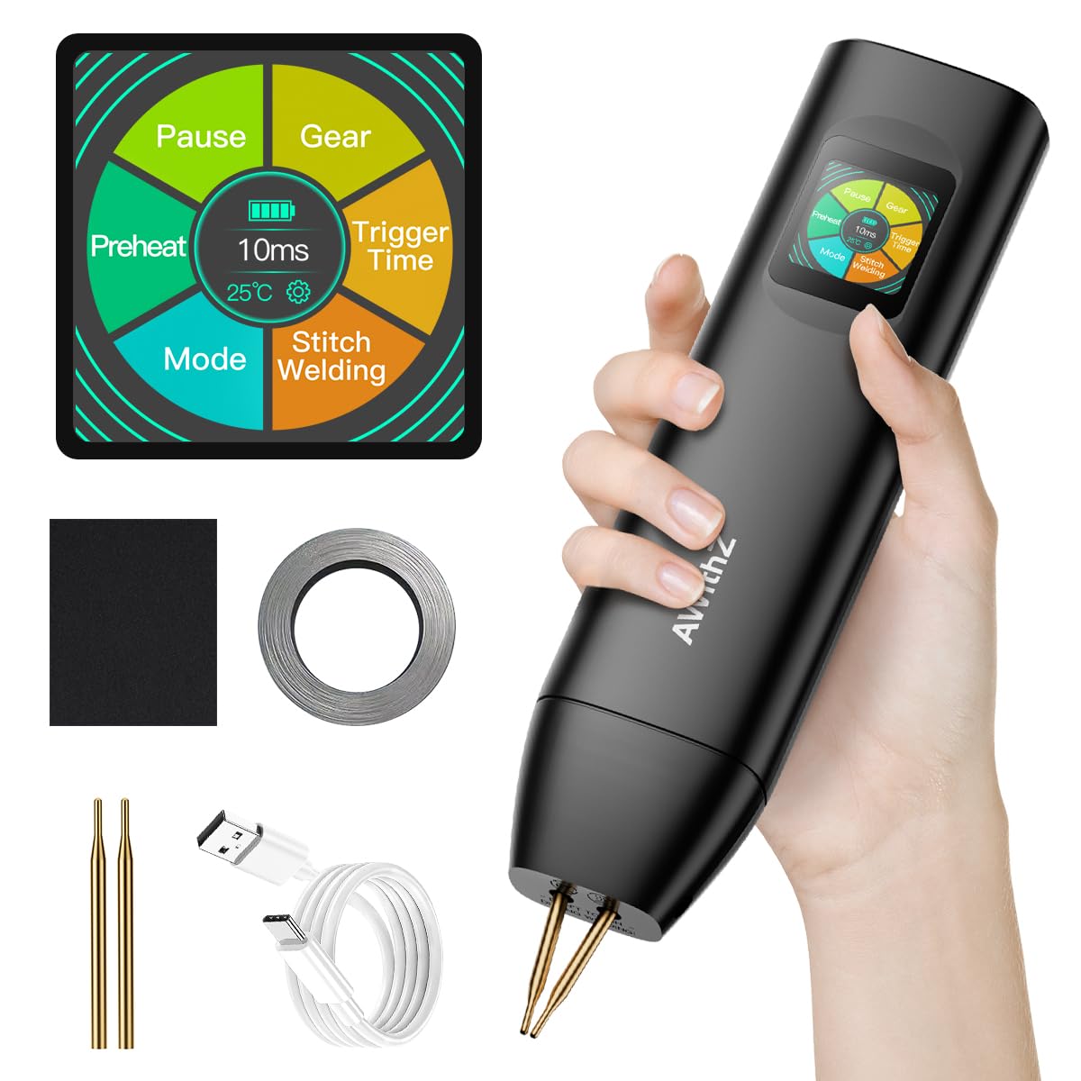 AWithZ H5 Upgraded 0.1-0.3mm Battery Spot Welder with Dual Pulse Output, 5000mAh 0.2mm Pure Nickel, 7-Language UI 99 Adjustable Levels Portable Spot welder for Making DIY Battery Packs