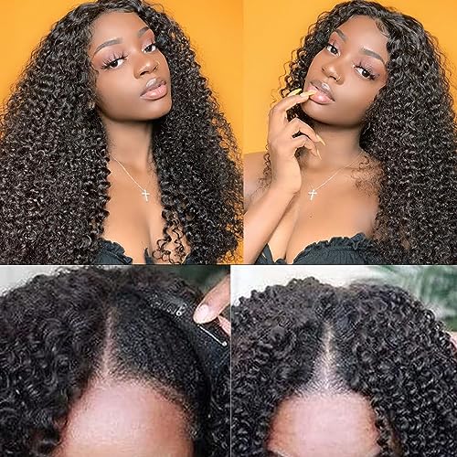 Kiqibeauty V Part Wig Human Hair For Black Women Upgrade U Part Wig Human Hair Kinky Curly Wig 100% Virgin Hair Glueless Wear and Go Wig Minimal Leave Out 200% Density (Kinky Curly, 16 Inch)