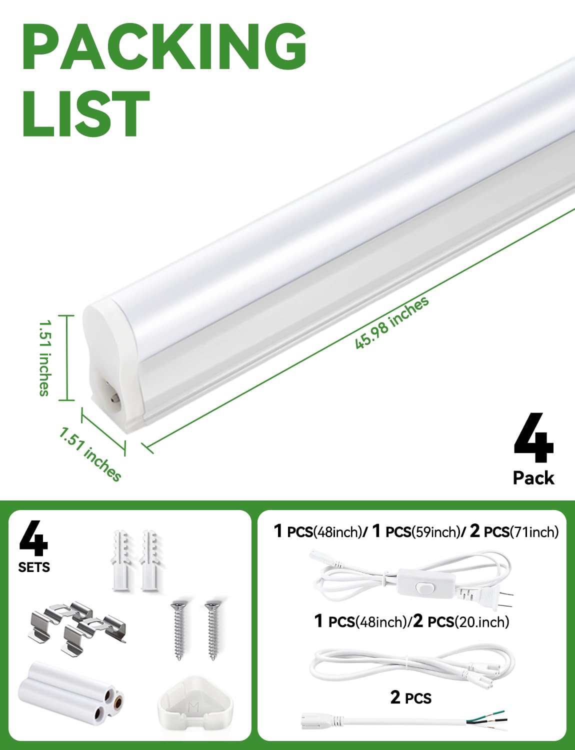 YULINKCO 4FT LED Shop Lights, 2300LM 6500K Bright White LED Integrated Fixture, 20W Linkable Garage Light, Ceiling and Cabinet Light with ON/Off Switch, Workshop, Basement, FCC Certified, 4 Pack