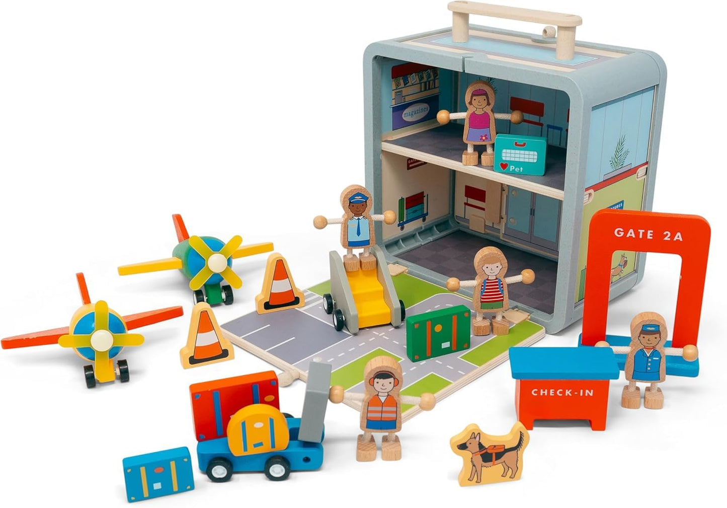 Jack Rabbit Creations Airport Suitcase Playset 19 Eco-Friendly Wooden Figures- Travel Toys- Includes Airplanes, Luggage Cart, Pilot, Flight Attendant, Cones, Gate and Service Dog- Boys and Girls