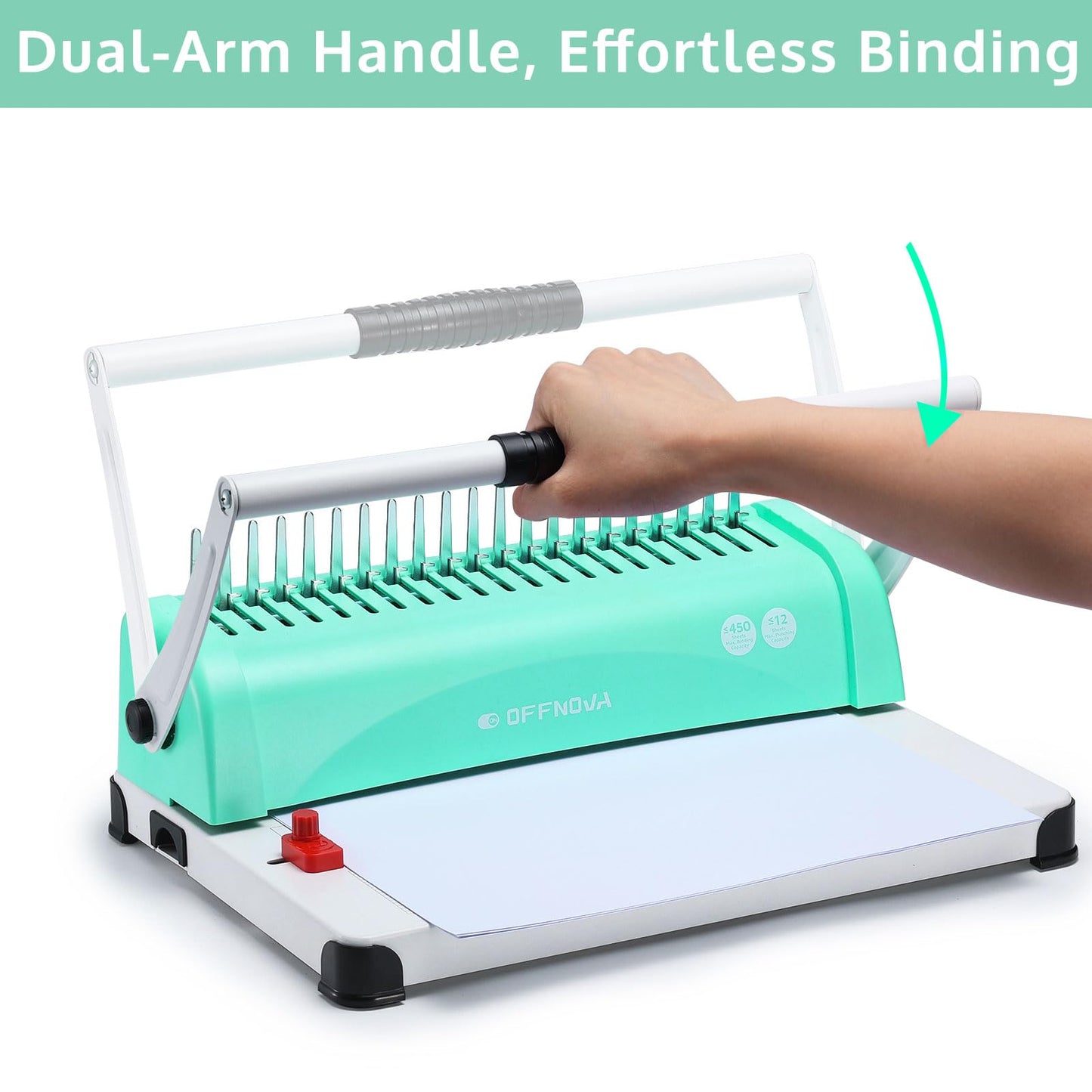 OFFNOVA Binding Machine, 21-Hole 450 Sheets Paper Comb Binding Machine for Letter Size / A4 / A5 Paper, Easy to Punch Handle, Adjustable Margin, Book Binder with 100 PCS 3/8'' Comb Binding Spines