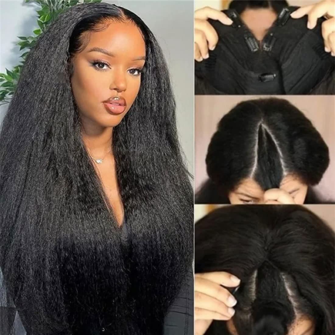 Nadula V Part Wig Yaki Straight Human Hair No Leave Out Glueless Upgraded U Part Wigs for Women,10A Yaki Straight V-part Wigs V Shape Clip in Half Wig Ready to Go 150% Density 16inch