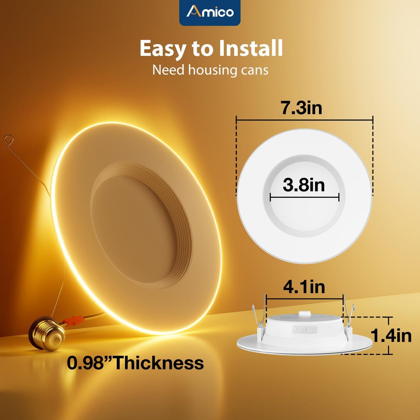 Amico 12 Pack 5/6 Inch LED Can Lights with Night Light, 5CCT Retrofit Recessed Lighting Selectable 2700/3000/4000/5000/6000K, Dimmable, 12W=110W, 1100LM Downlight - ETL & FCC