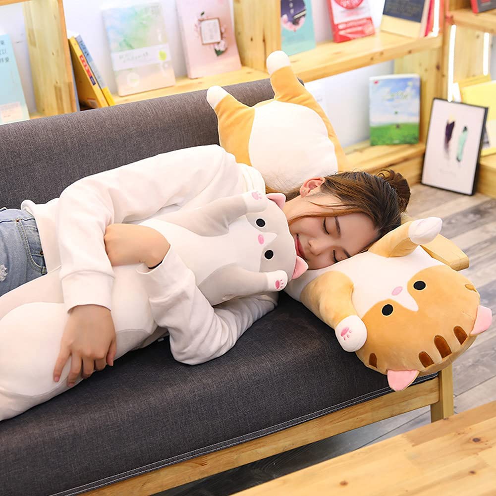 Cute Cat Plush Long Body Pillow Cuddle Cartoon Stuffed Animals Cat Plushie Soft Doll Pillows Gifts for Kids Girls (Orange, 51")
