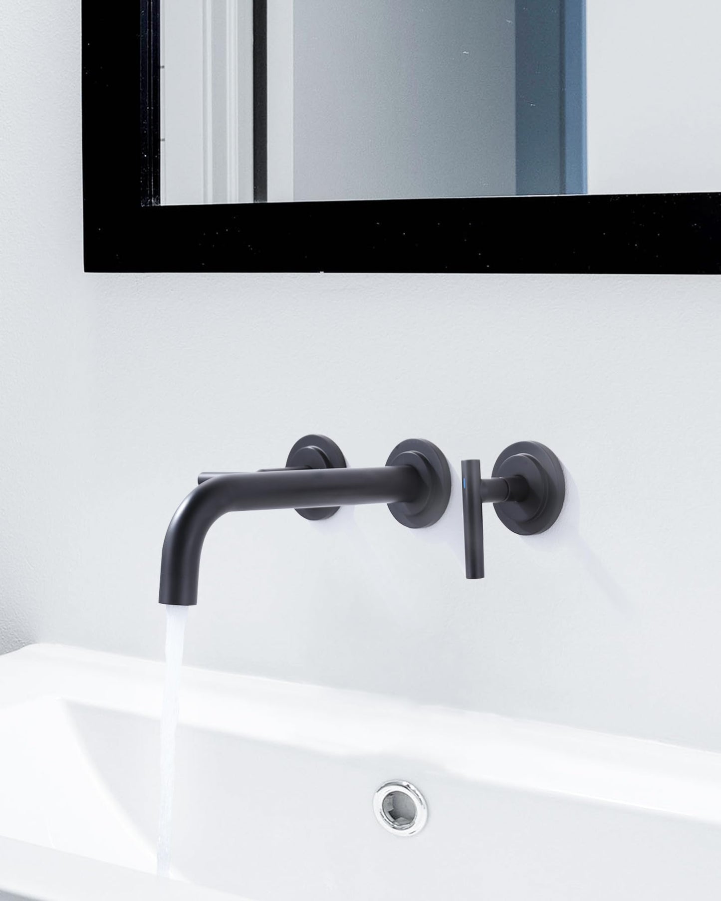WOWOW Wall Mount Bathroom Faucet Matte Black Wall Faucet High Flow Two Handles Stainless Steels,Long Spout Reach,Widespread Bathroom Sink with Rough-in Valve 3 Holes Elegant Classic Spout
