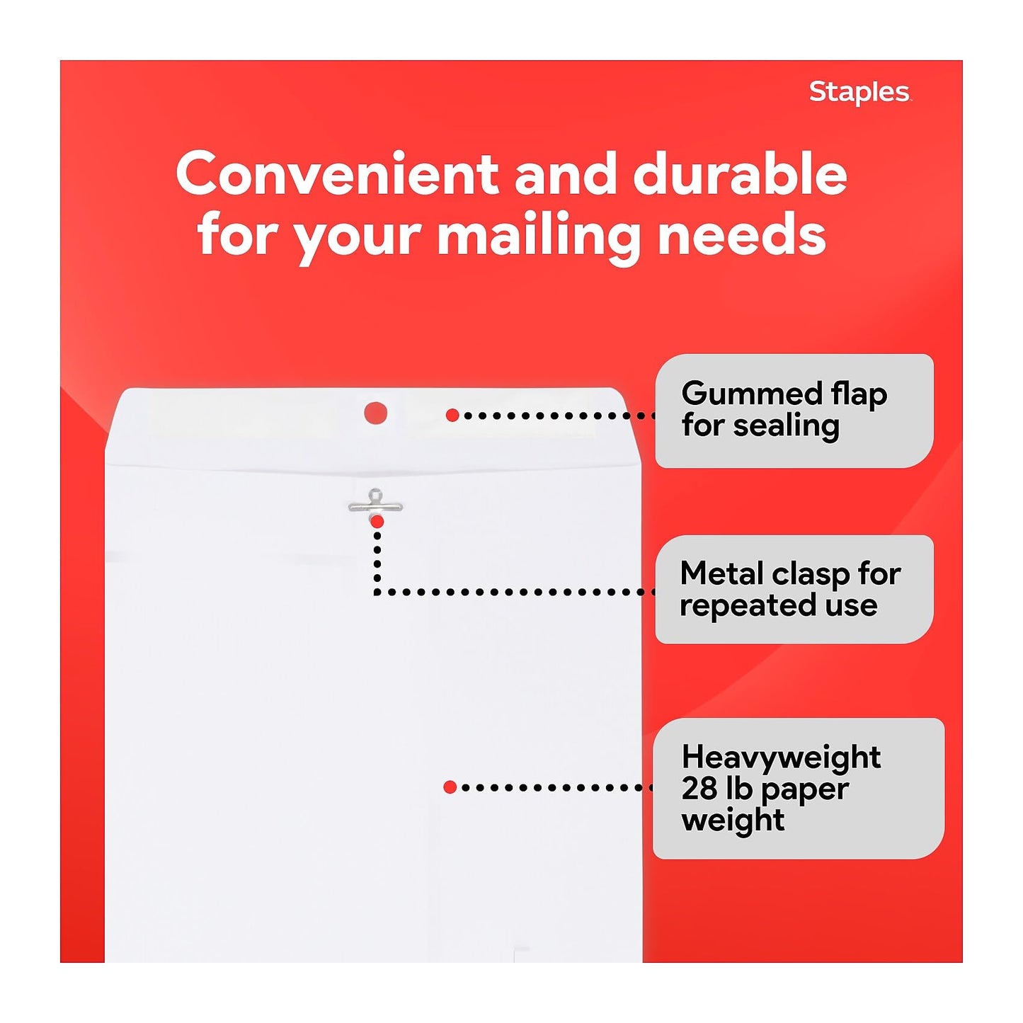 Staples 10 x 13 White Wove Clasp & Gummed Catalog Envelopes, Metal Clasp Closure, Durable Large Mailing Envelopes, 100/Box
