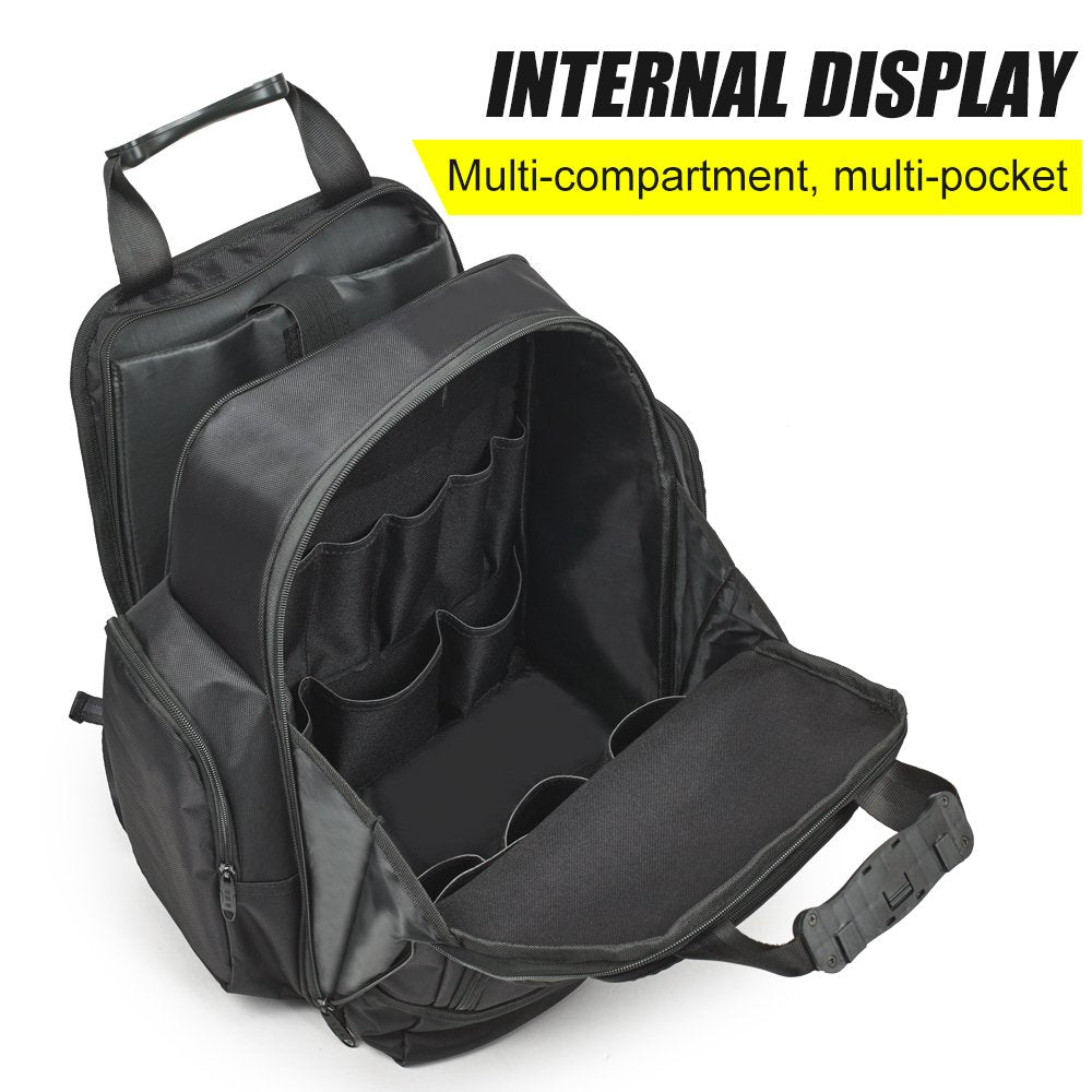 FASITE Tool Backpack bag, Heavy Duty Tool Organizer for Electrician/Contractor/Plumber/HVAC, Large Front Flap & Laptop Compartment (Fits 15" Laptop), Professional Storage for Men & Women, Black