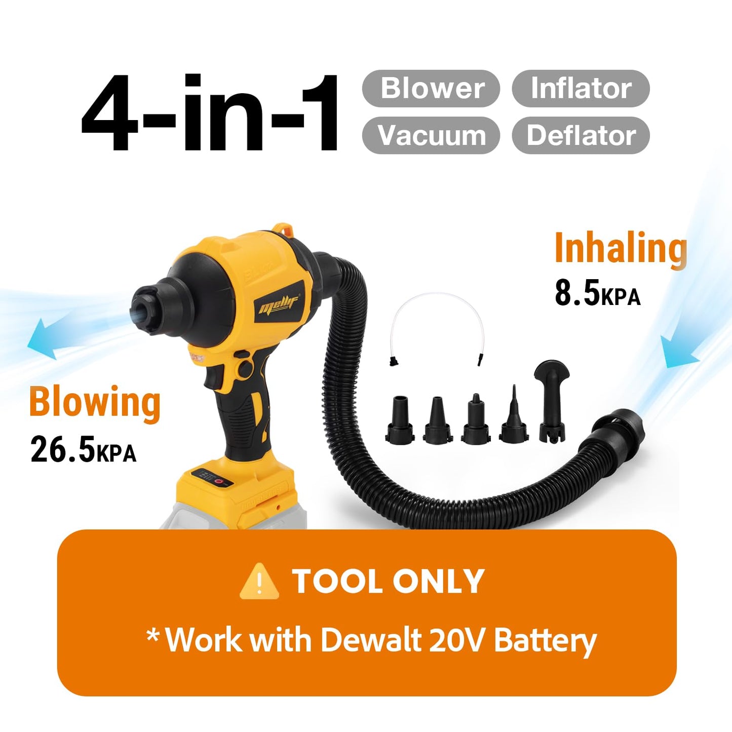 Cordless Compressed Air Duster Compatible with DeWalt 20V MAX Battery (Tool Only), 4-in-1 Portable Blower Inflator Vacuum Deflator, 360MPH, 51,000 RPM Brushless Motor, 3-Speed for PC Cleaning, Air Bed