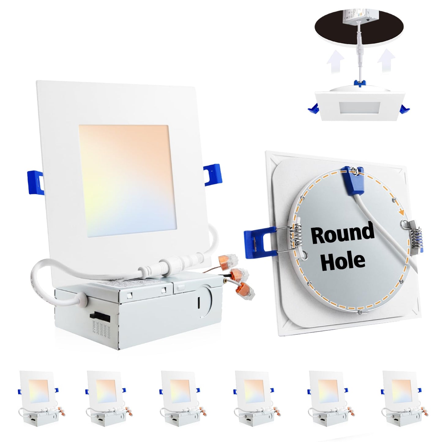 Adetu 6 Pack 6 inch Square Led Recessed Lighting,5CCT Ultra Thin Square Led Ceiling Light with Junction Box,14W 1190LM,CRI90,2700K-5000K Selectable,Dimmable Canless Downlight,ETL and Energy Star