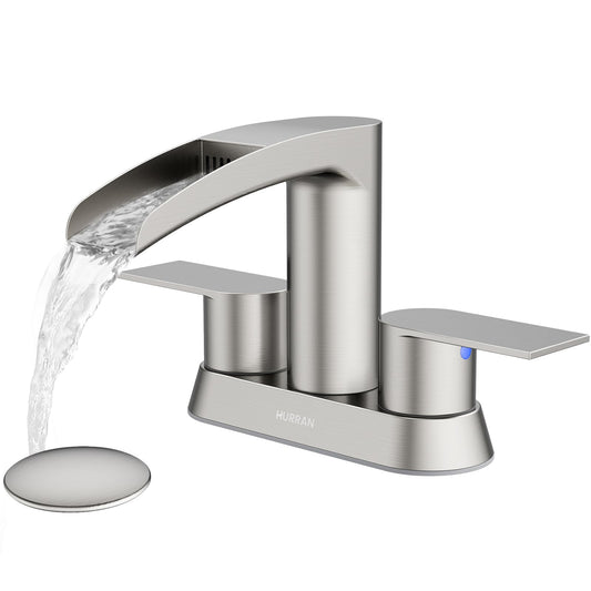 Bathroom Sink Faucet for 3 Hole, Hurran 4 Inch Bathroom Faucets with Pop-up Drain, Stainless Steel 2-Handle Waterfall Faucet for Sink, Brushed Nickel